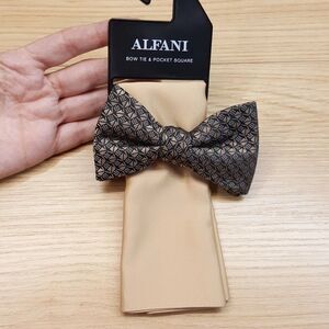 ALFANI Mens Bow Tie & Pocket Square Tan Geometric Satin Pre-Tied Art Deco